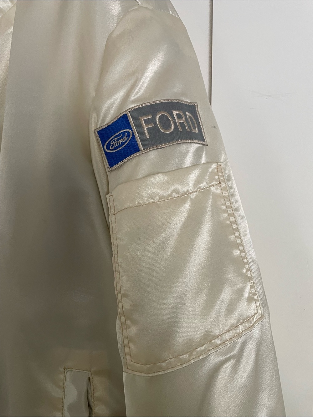 NWT Ford Ivory Satin Bomber Jacket with Blue & Red Stripes - Picture 3 of 8